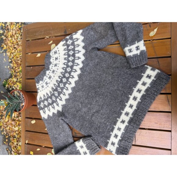 70s Icelandic Wool Lopapeysa Hand Made Lopi Cardigan Nordic Fair Isle Grey Ivory - Picture 8 of 9